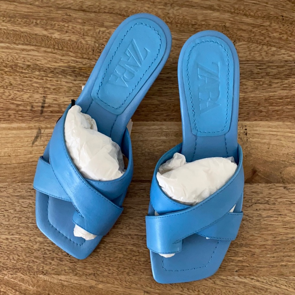 Zara Brand Heeled AZUL BLUE Leather Sandal